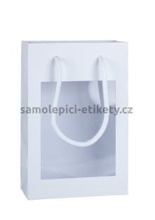 Papírová taška 16x8x24 cm s bavlněnými držadly, bílá s průhledným plastovým oknem