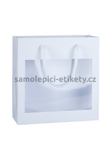 Papírová taška 23x9x23 cm s bavlněnými držadly, bílá s průhledným plastovým oknem