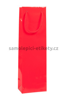 Papírová taška na láhev, 12x9x40 cm, s bavlněnými držadly, červená lesklá